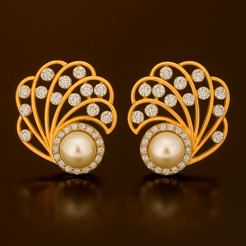 Ladies Pearl &  Diamond Feather Earrings
