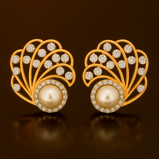 Ladies Pearl &  Diamond Feather Earrings