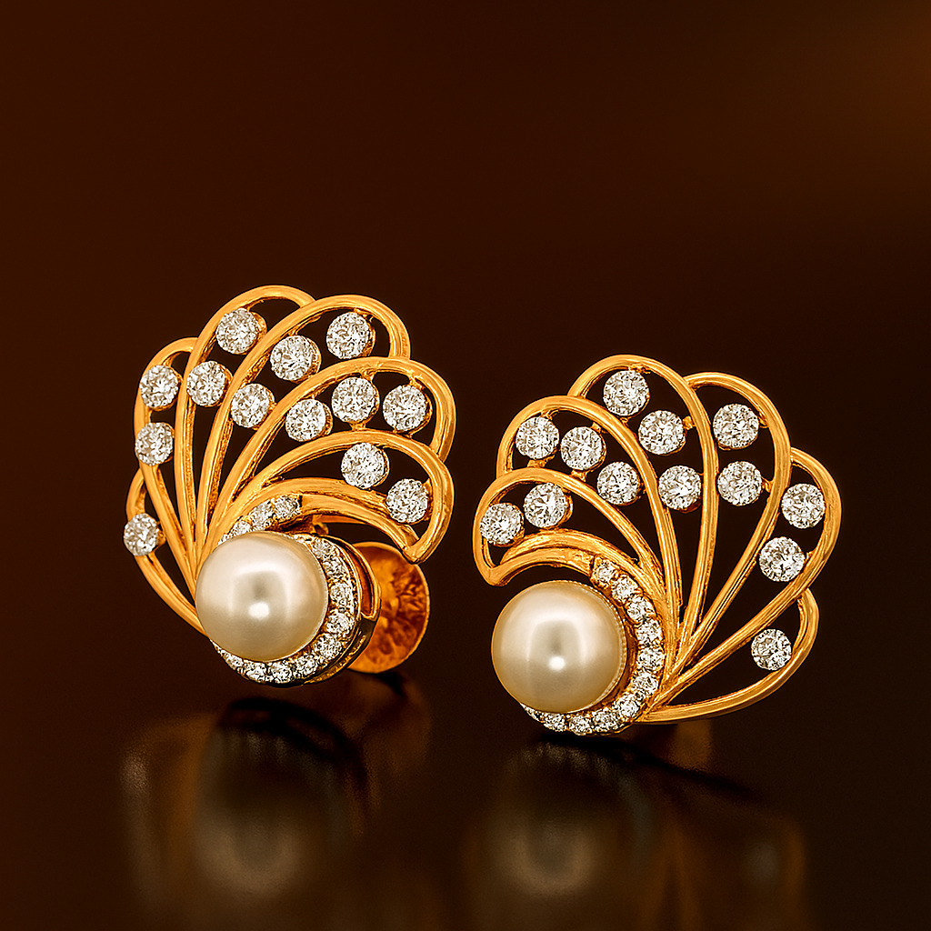 Ladies Pearl &  Diamond Feather Earrings