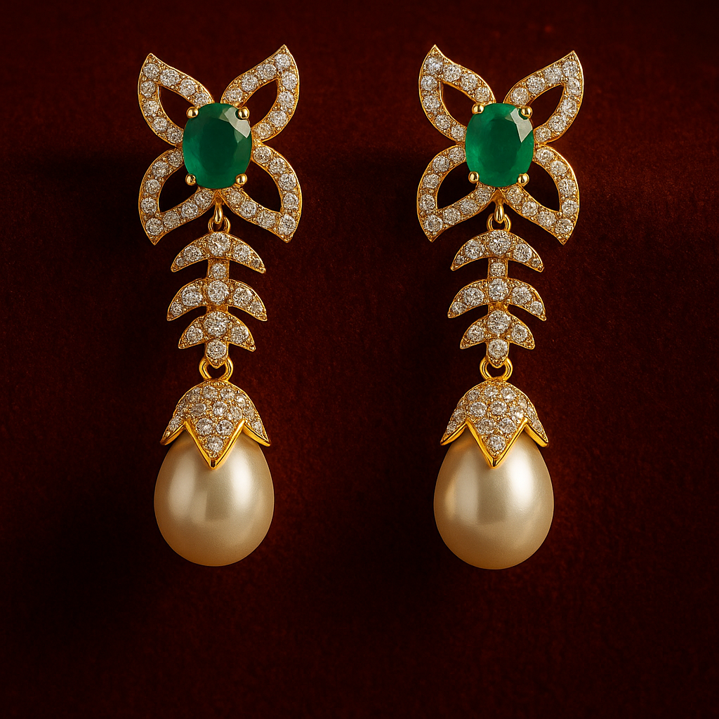 Ladies Emerald & Pearl Drop Necklace Set