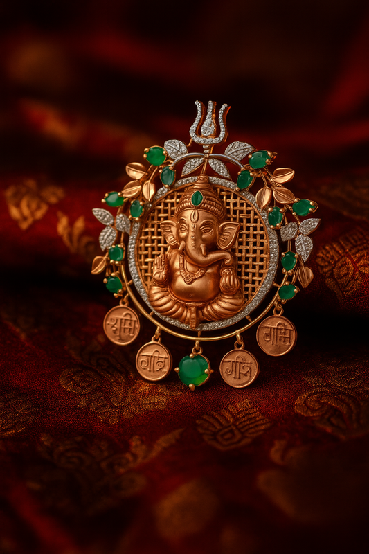 Divine Grace – Lord Ganesha Diamond Pendant with Green Gem Accents