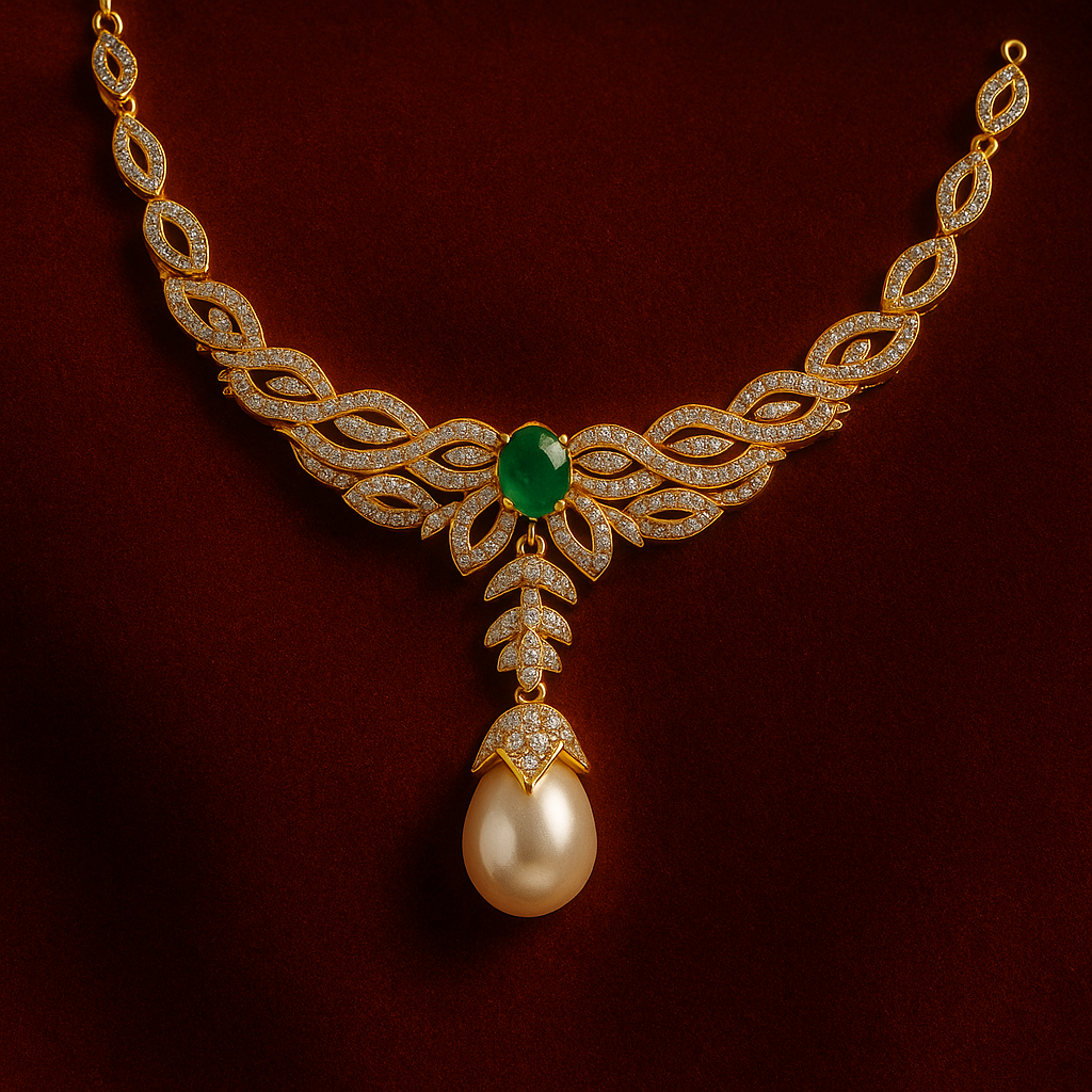Ladies Emerald & Pearl Drop Necklace Set