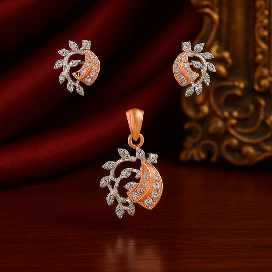 Peach Bloom Leaf Diamond Pendant & Ear-rings Set